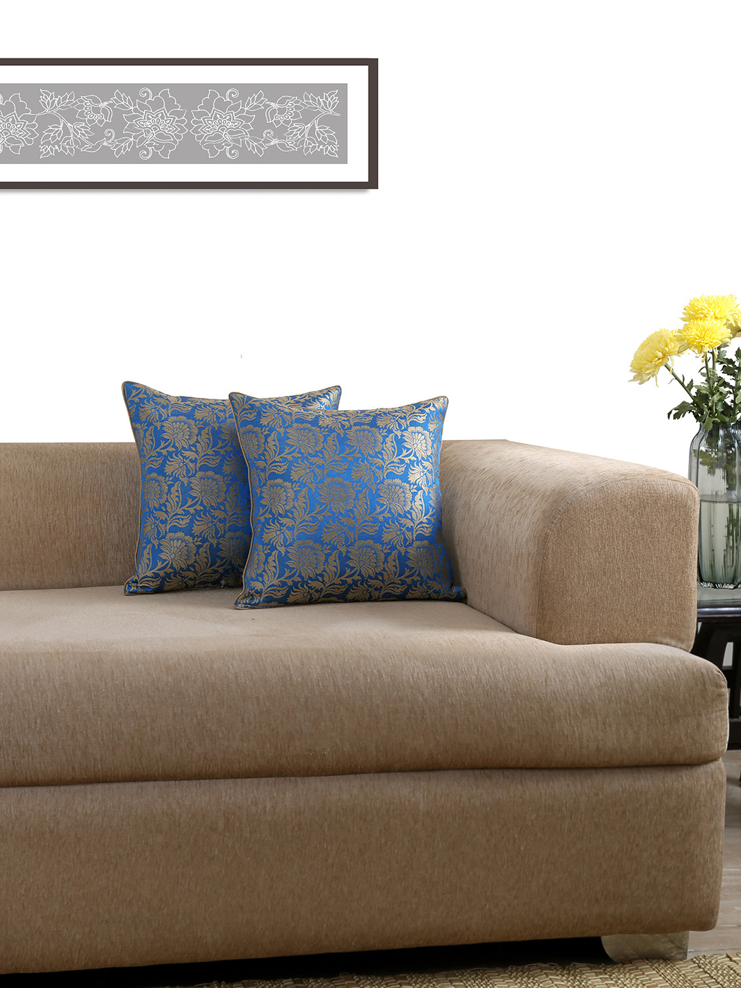 ANS Blue Set of 2 Floral Patterned 16'' x 16'' Square Cushion Covers