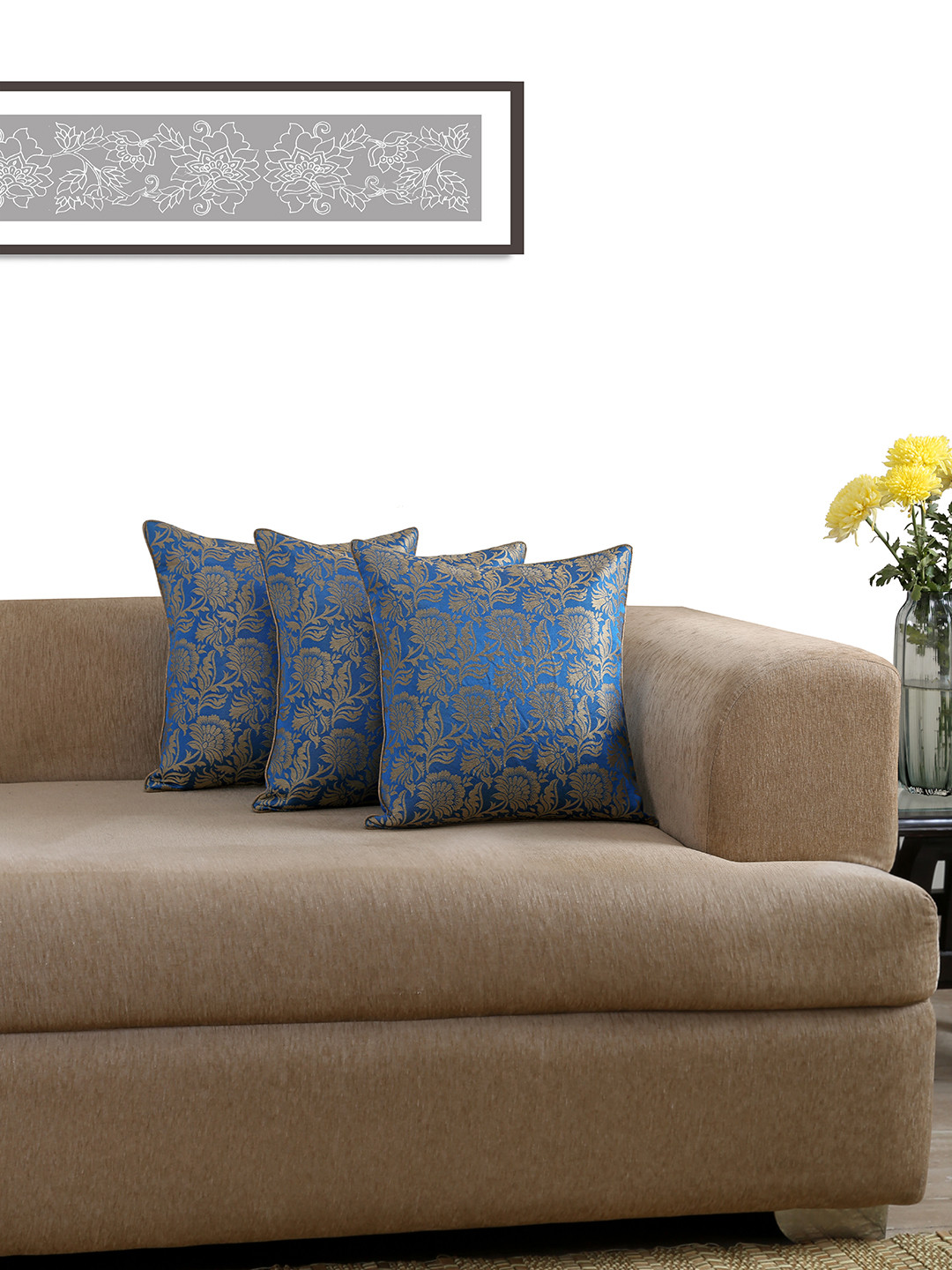 ANS Jacquard Blue Floral Polyester Durable 3 Pcs Square Cushion Covers - 16 x 16 In