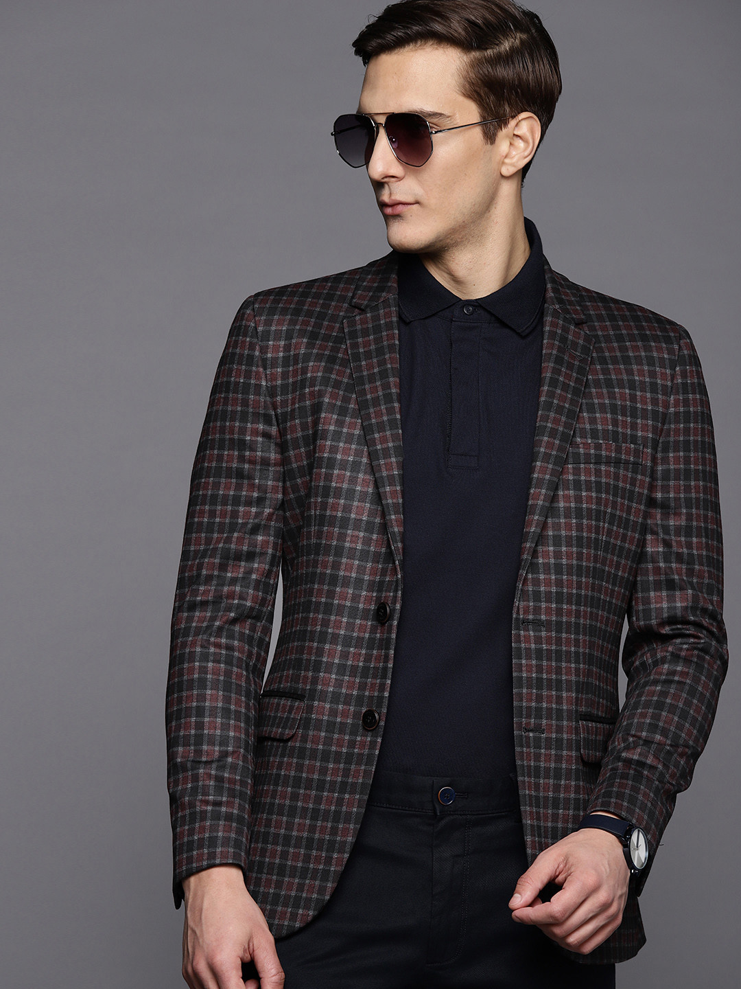 Peter England Elite Men Maroon & Black Checked Neo Slim Fit Single-Breasted Formal Blazer