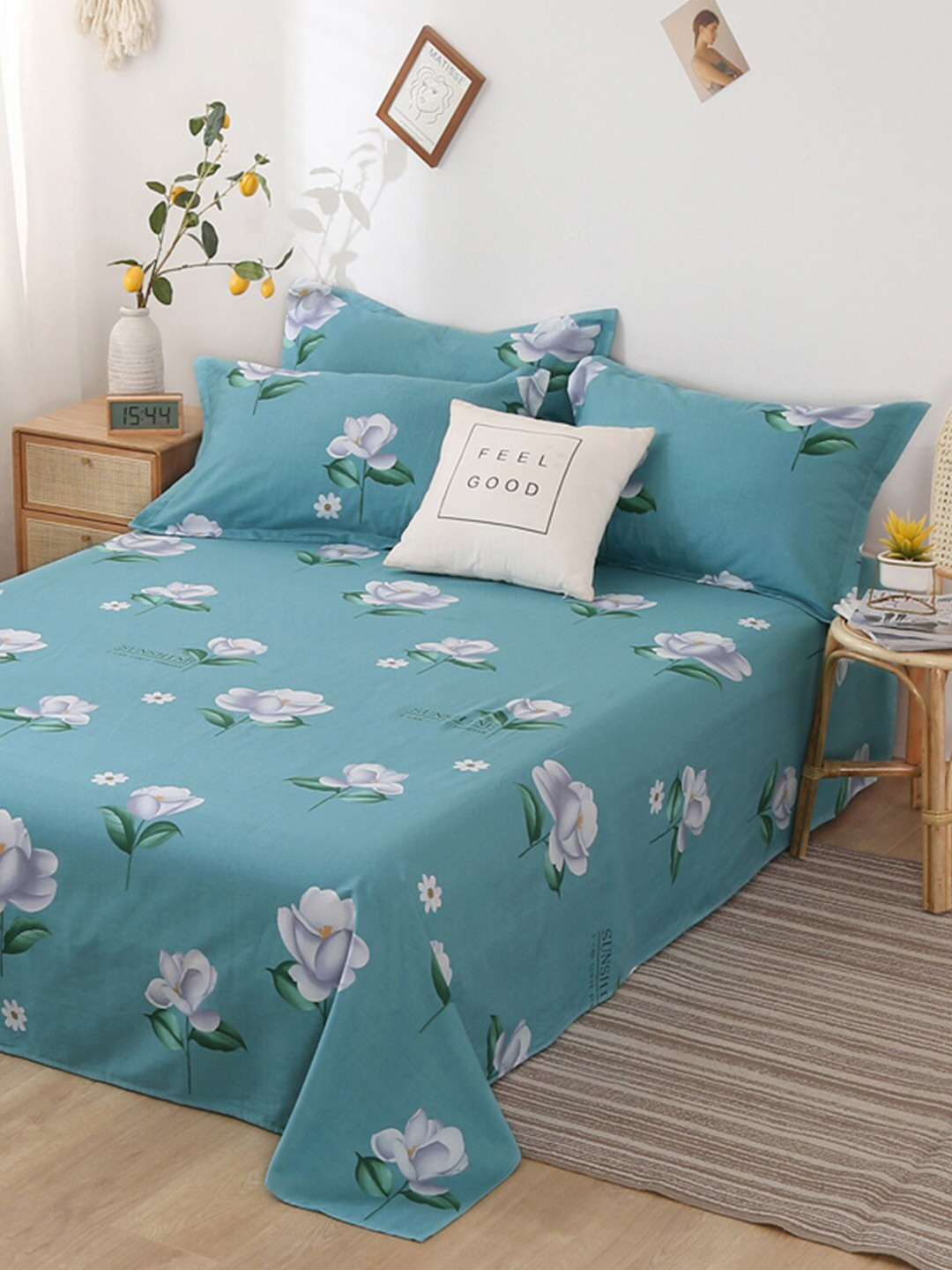 JC HOME Teal Floral Pure Cotton 210 TC Queen Fine Bedsheet with 4 Pillow Covers-91 x 79 inches