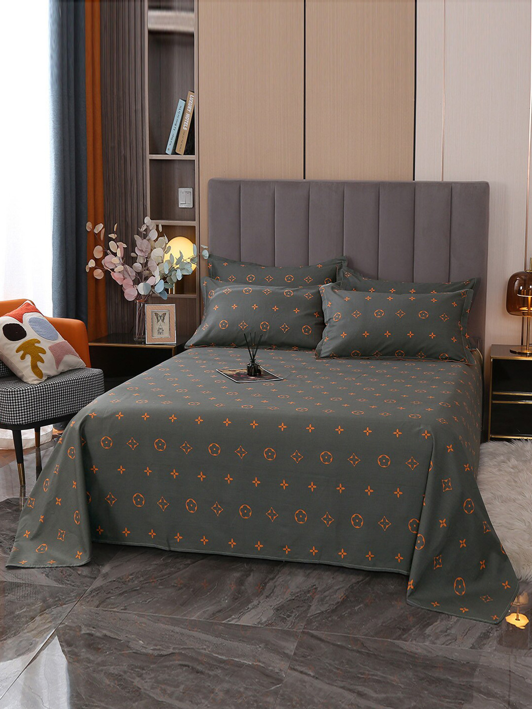 JC HOME Alice Grey Geometric Cotton 210 TC Queen Fine Bedsheet with 2 Pillow Covers-79 x 91 inches