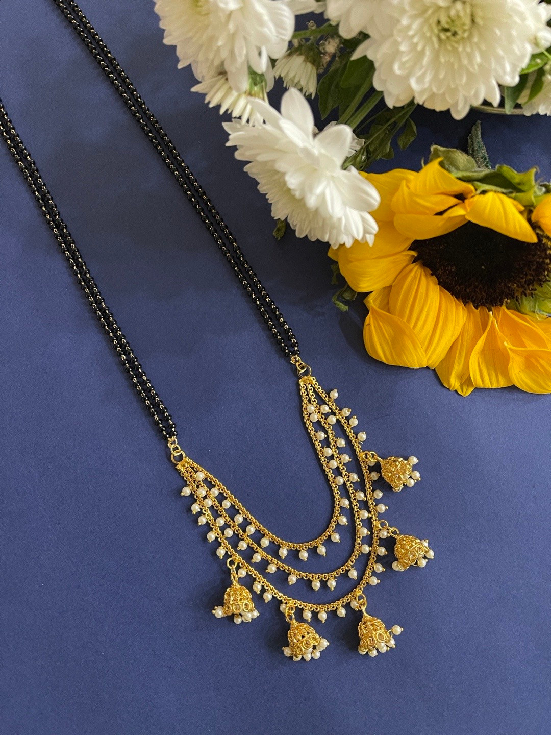 Digital Dress Room Women Gold-Plated White Pearl & Black Beaded 3-Layered Mangalsutra