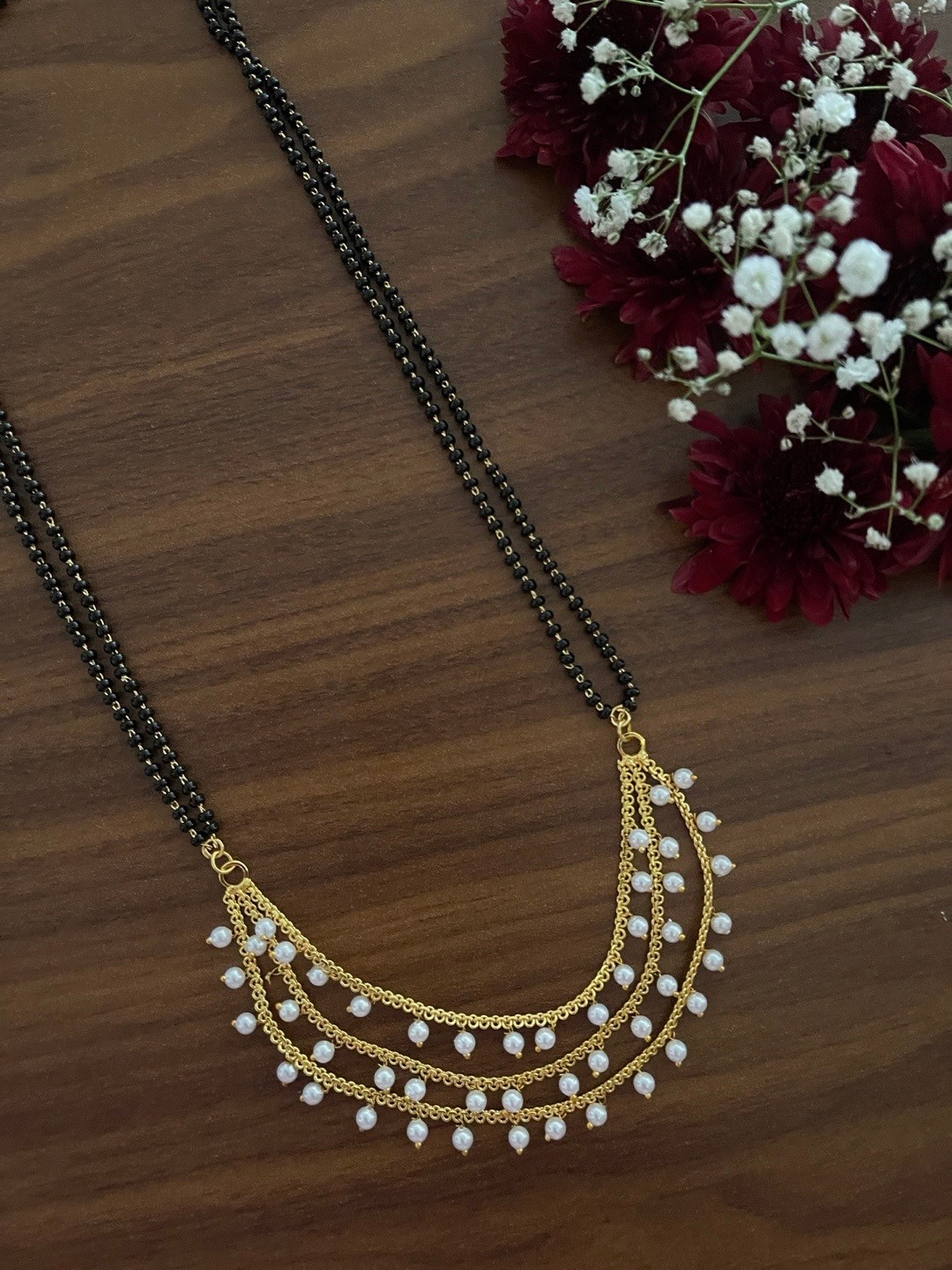 Digital Dress Room Gold-Plated 3 Layers With White Moti Black Beads Chain Mangalsutra