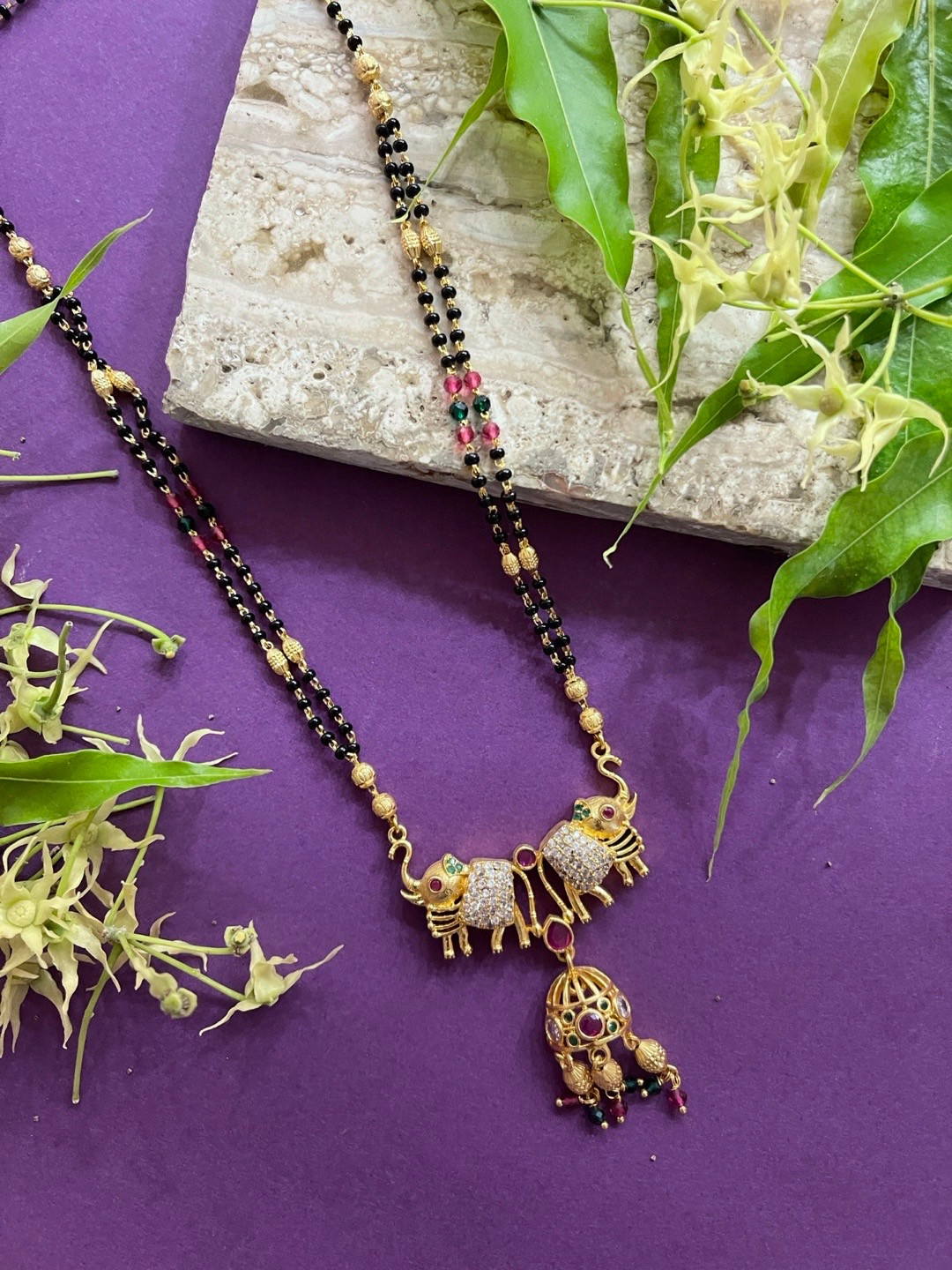 Digital Dress Room Women Gold-Plated Stone-Studded & Beaded Elephant Pendant Mangalsutra