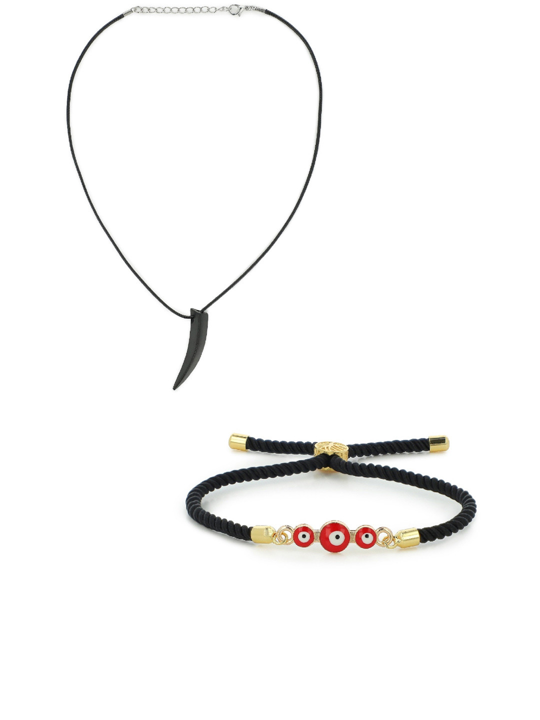 EL REGALO Unisex Black Evil Eye bracelet and Wolf tooth Necklace Jewelry Set combo