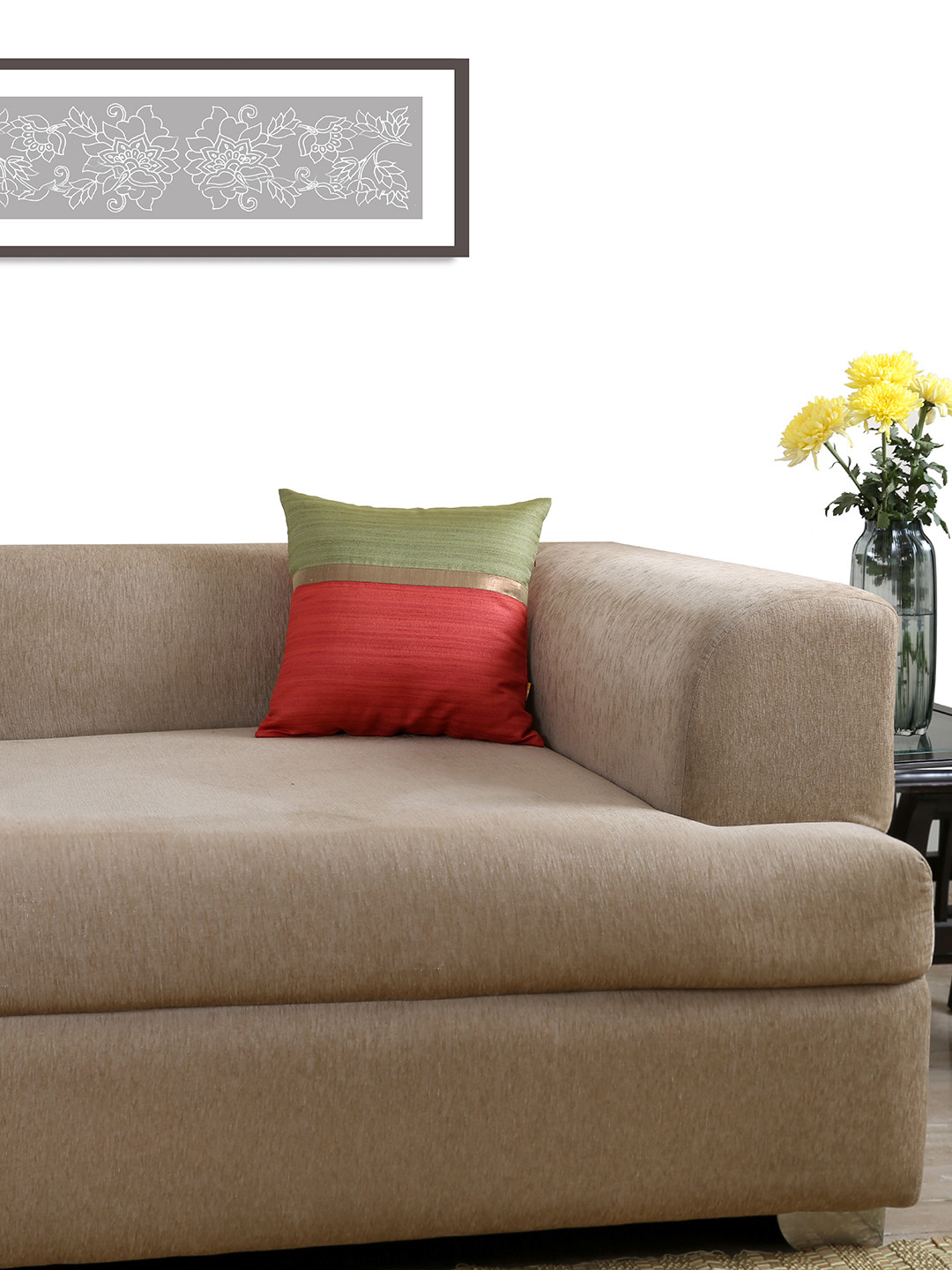 ANS Green Colourblocked Polyester Durable Square Cushion Cover -16x16In