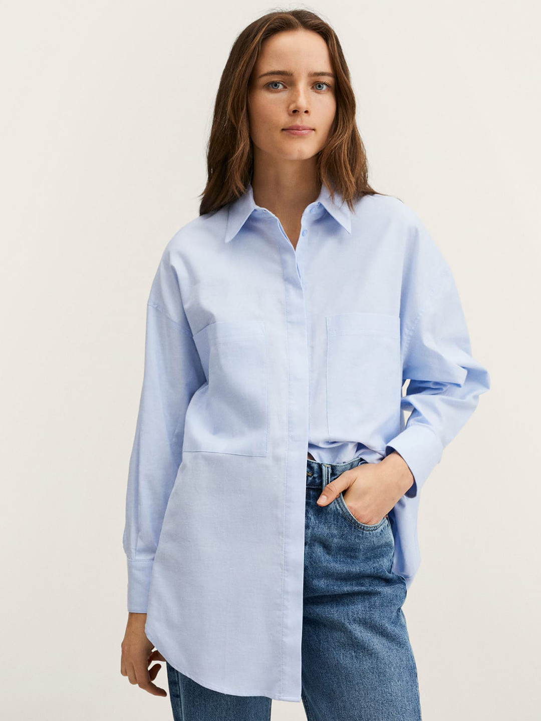 MANGO Women Blue Pure Cotton Solid Oversize Casual Shirt