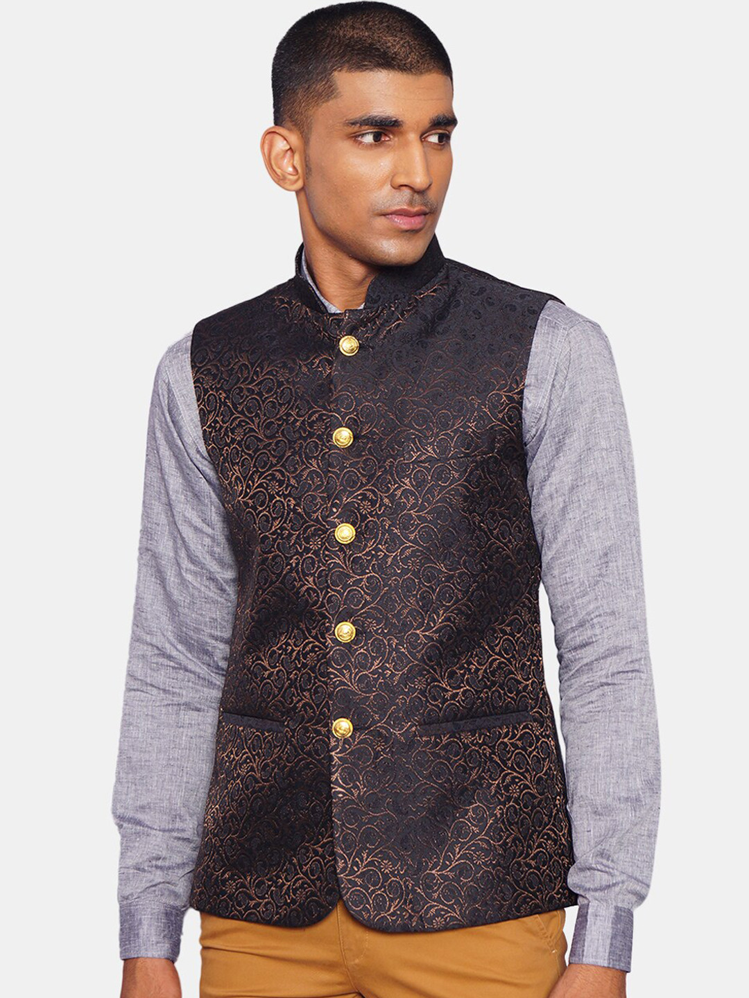Wintage Men Black & Rose Gold-Coloured Printed Woven Nehru Jacket