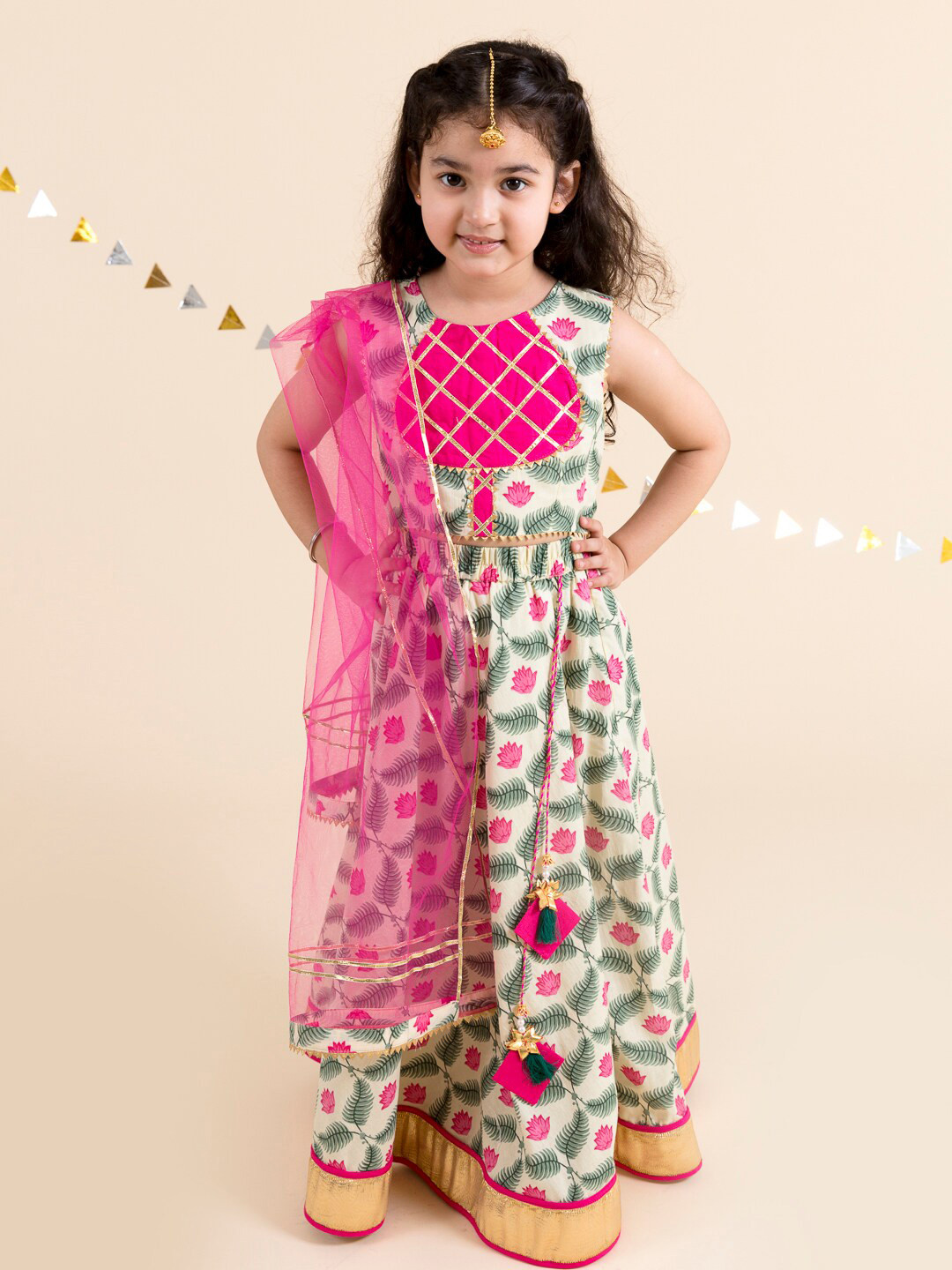 Pspeaches Girls Cream Floral Cotton Lehenga Choli Dupatta Set