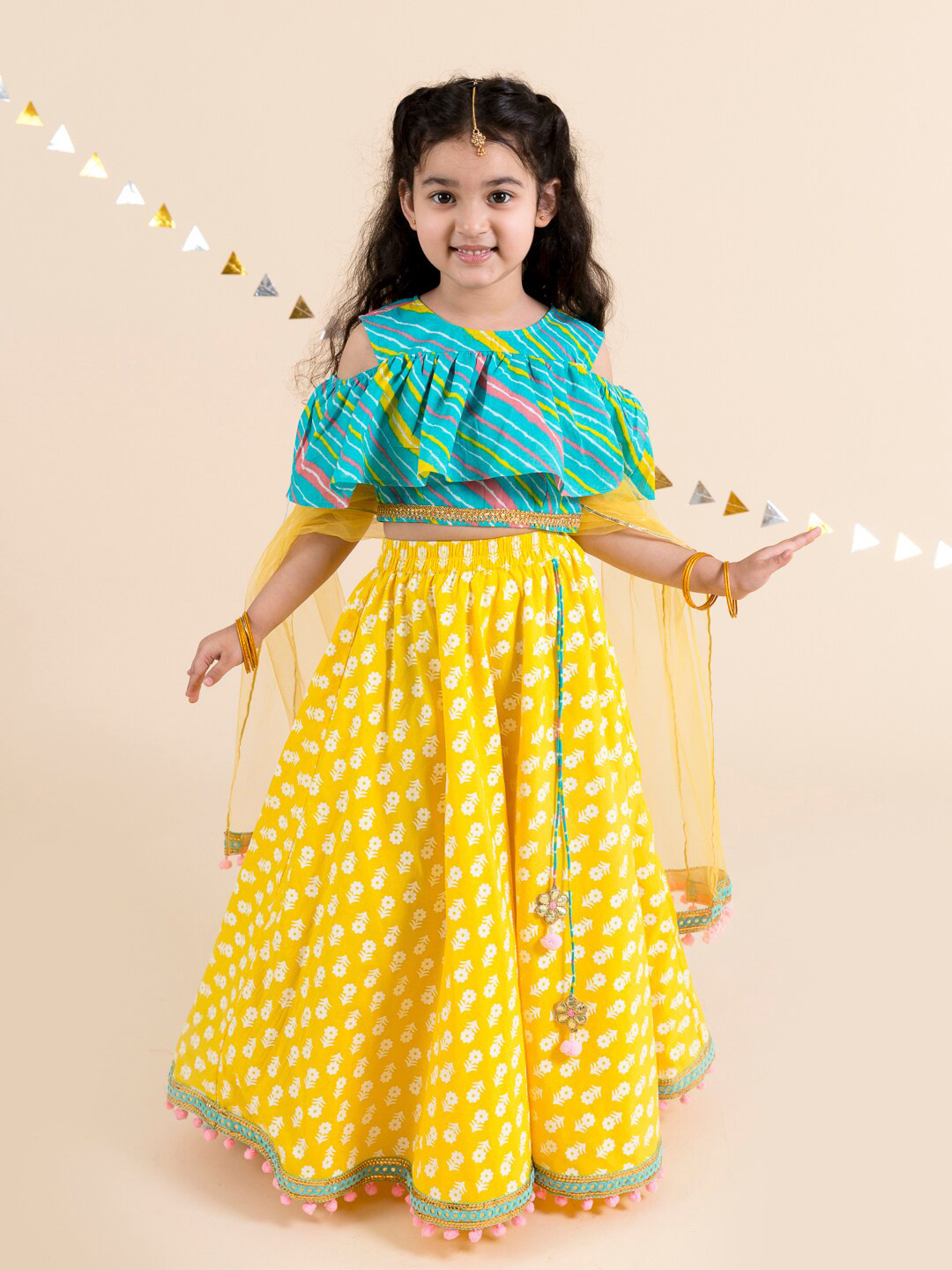 pspeaches Girls Yellow & Blue Printed Ready to Wear Lehenga & Blouse With Dupatta