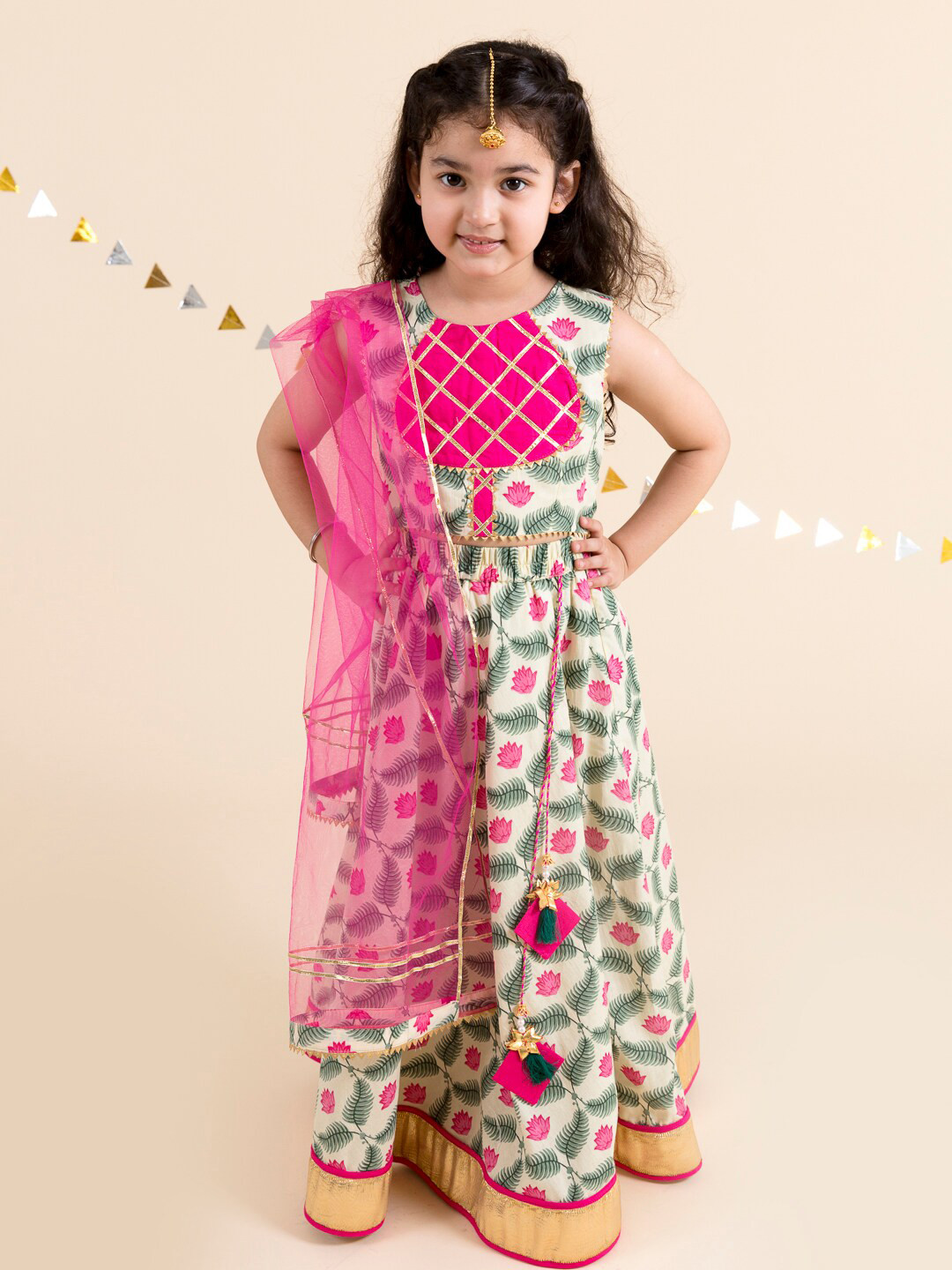 Pspeaches Girls Cream Floral Cotton Lehenga Choli Dupatta Set