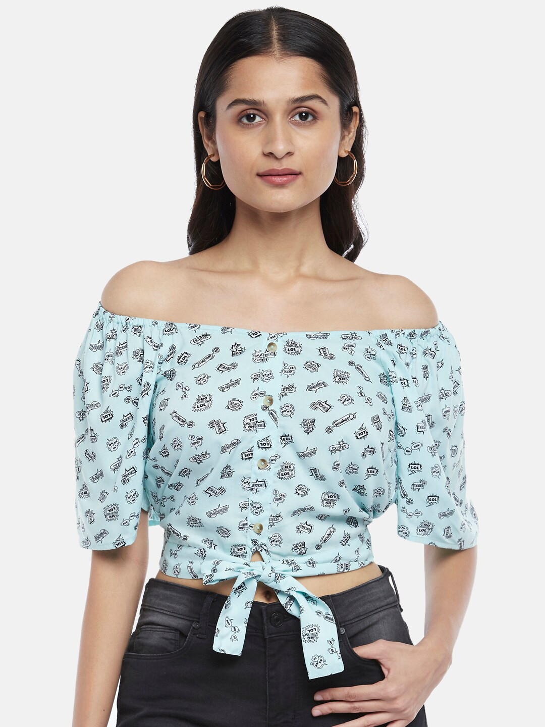 People Women Blue Print Off-Shoulder Bardot Top