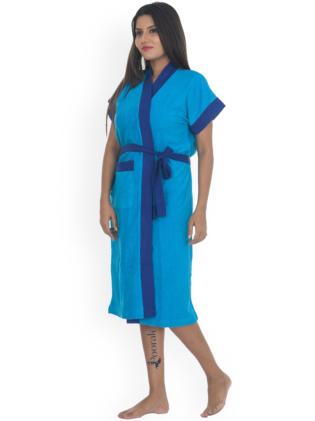 POORAK Soft Blue Solid Cotton Drawstring Midi Bath Robe-M/L