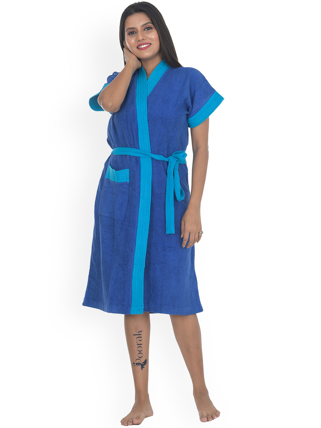 POORAK Soft Blue Solid Cotton Drawstring Midi Bath Robe-M/L