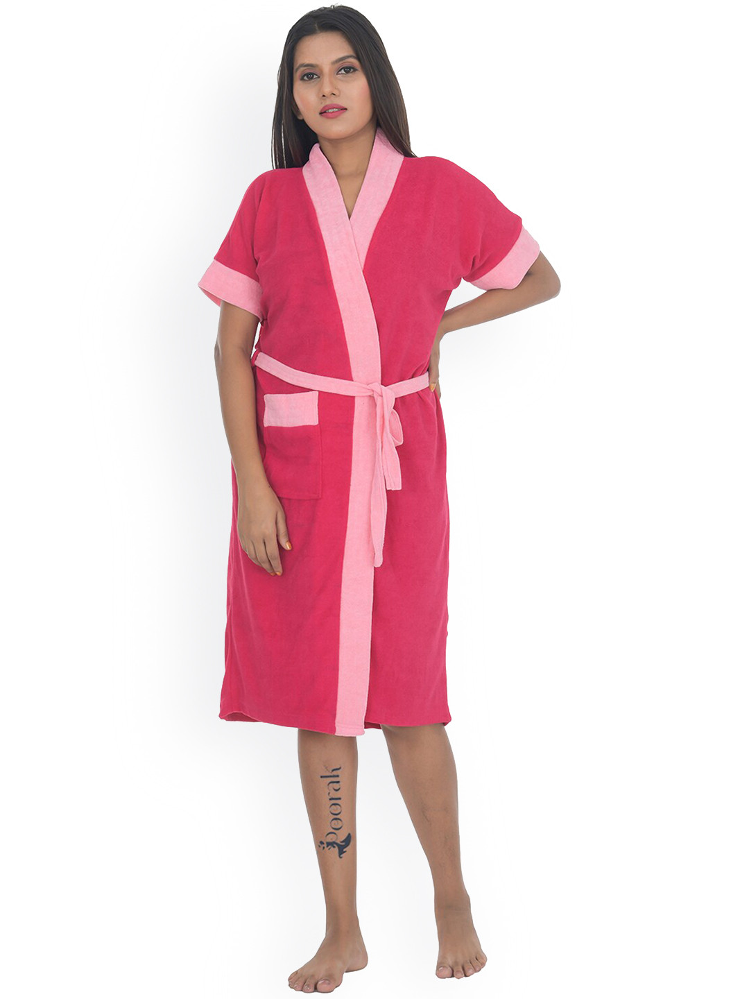 POORAK Soft Pink Solid Cotton Drawstring Midi Bath Robe-M/L