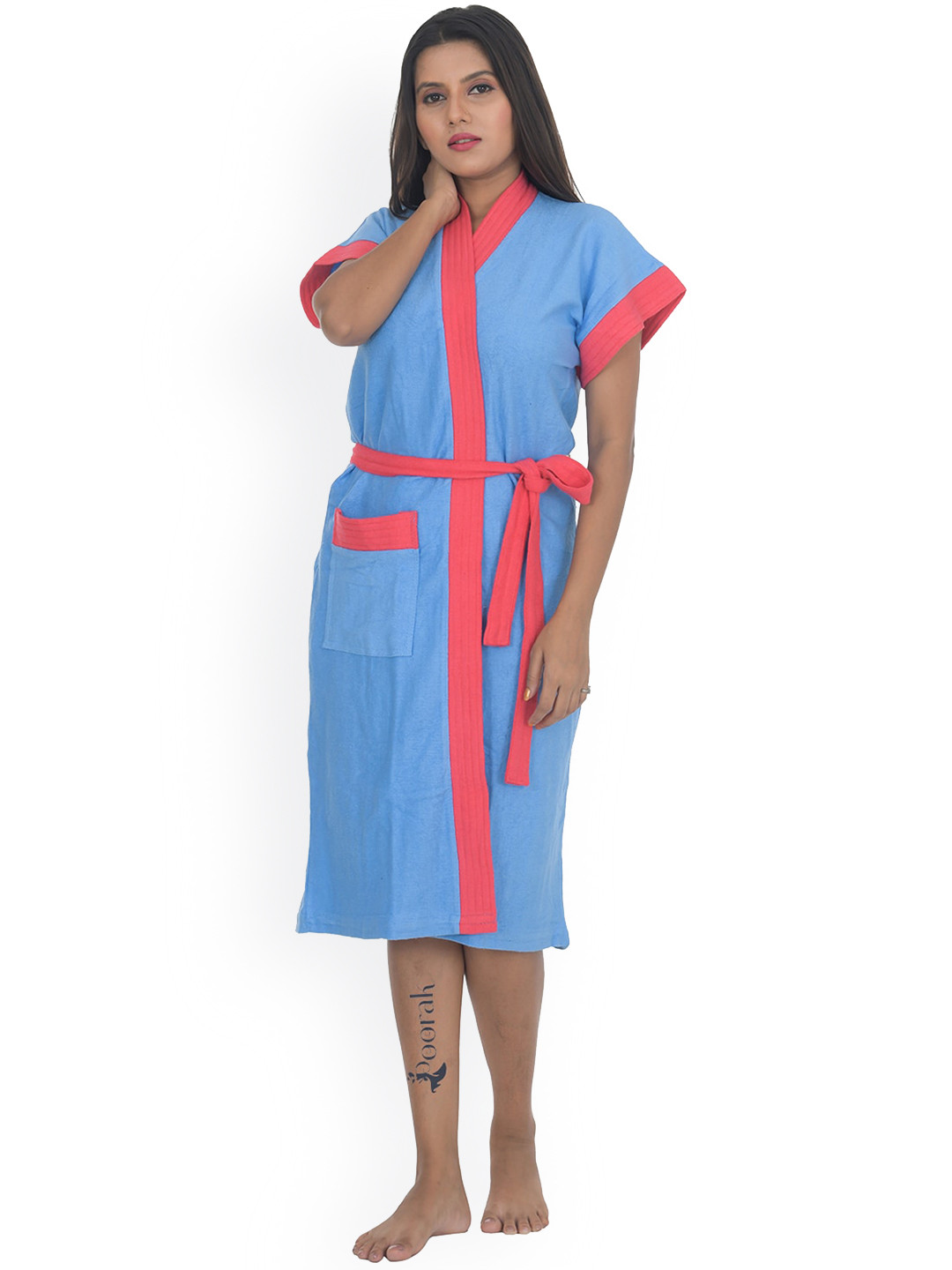 POORAK Soft Blue Solid Cotton Drawstring Midi Bath Robe-M/L