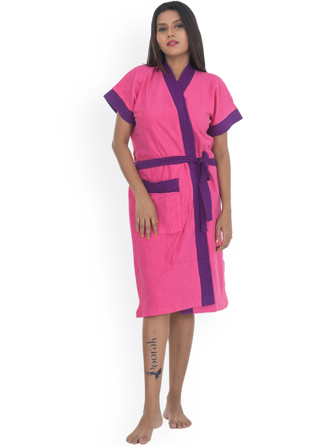POORAK Soft Pink Solid Cotton Drawstring Midi Bath Robe-M/L