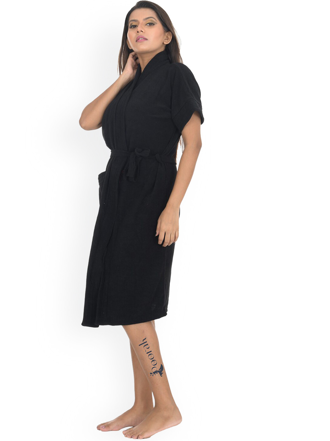 POORAK Soft Black Solid Cotton Drawstring Midi Bath Robe-M/L