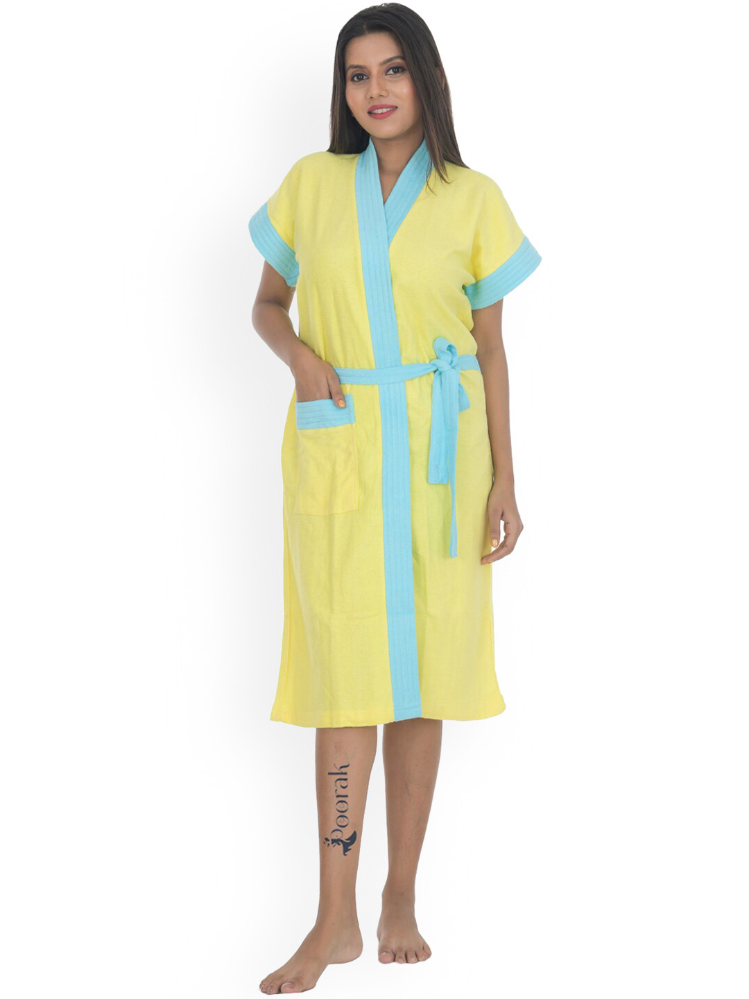 POORAK Soft Green Solid Cotton Drawstring Midi Bath Robe-M/L