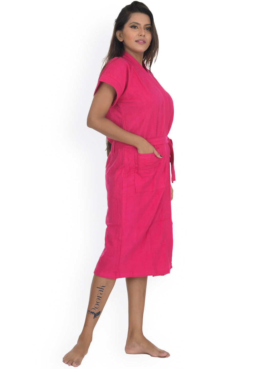 POORAK Soft Pink Solid Cotton Drawstring Midi Bath Robe-M/L