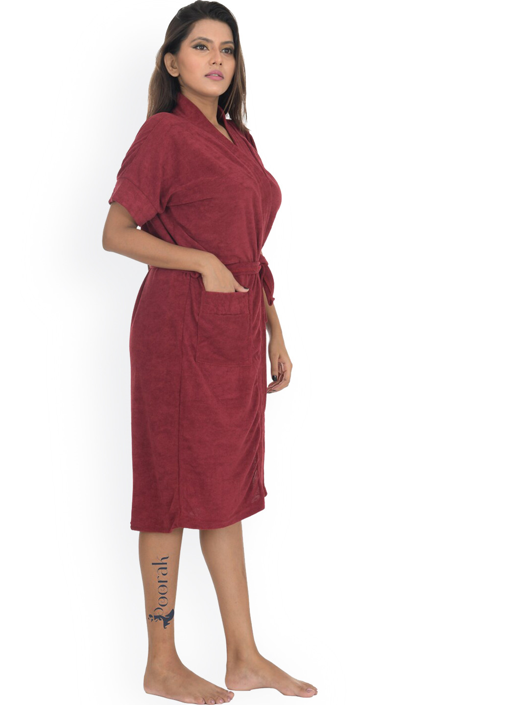 POORAK Soft Maroon Solid Cotton Drawstring Midi Bath Robe