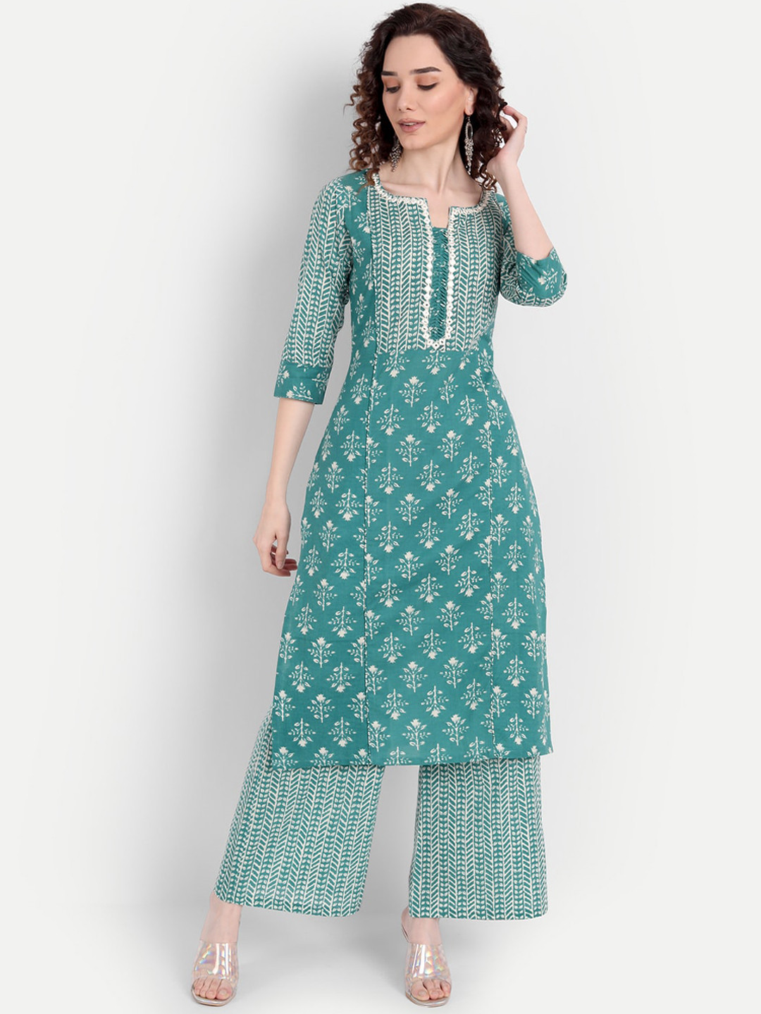 HK colours of fashion Women Turquoise Blue Floral Printed Mirror Work Pure Cotton Kurta with Palazzos