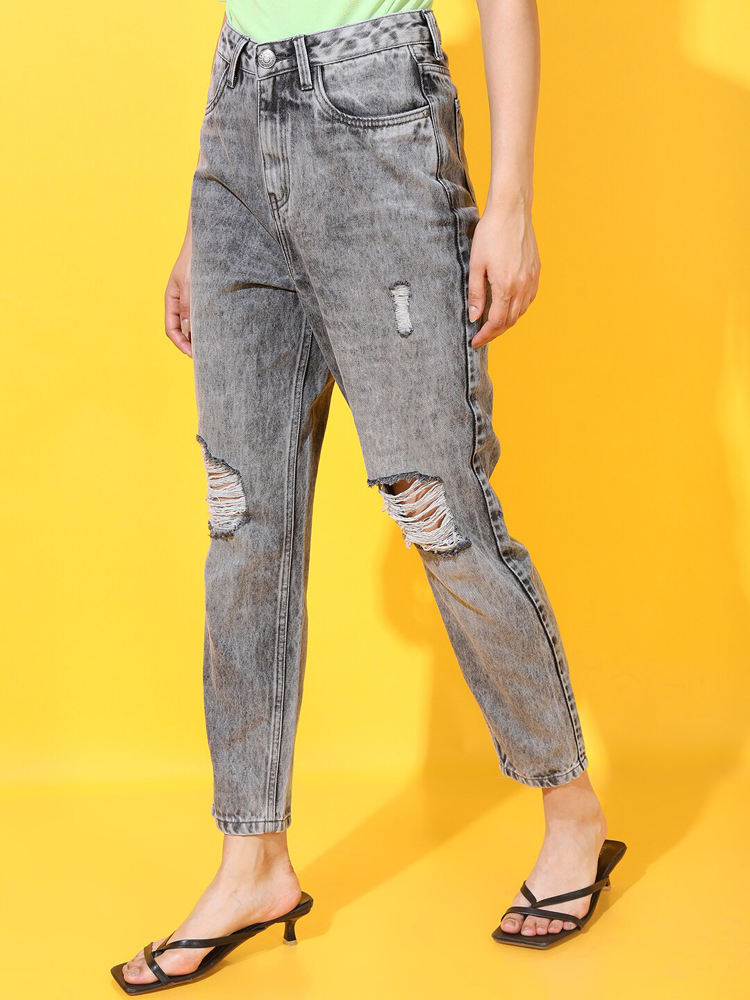 Tokyo Talkies Women Classic Grey Ripped Mom Fit Jeans