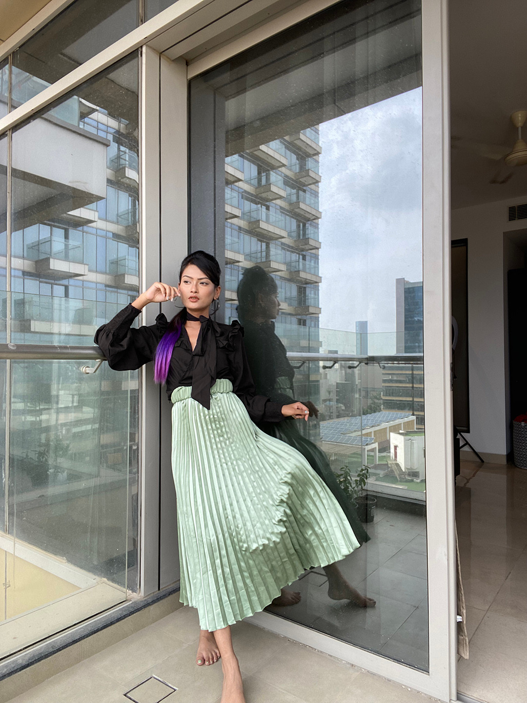 Tokyo Talkies Women Black Tie-Up Leg of Cuffed Sleeve Neck Top