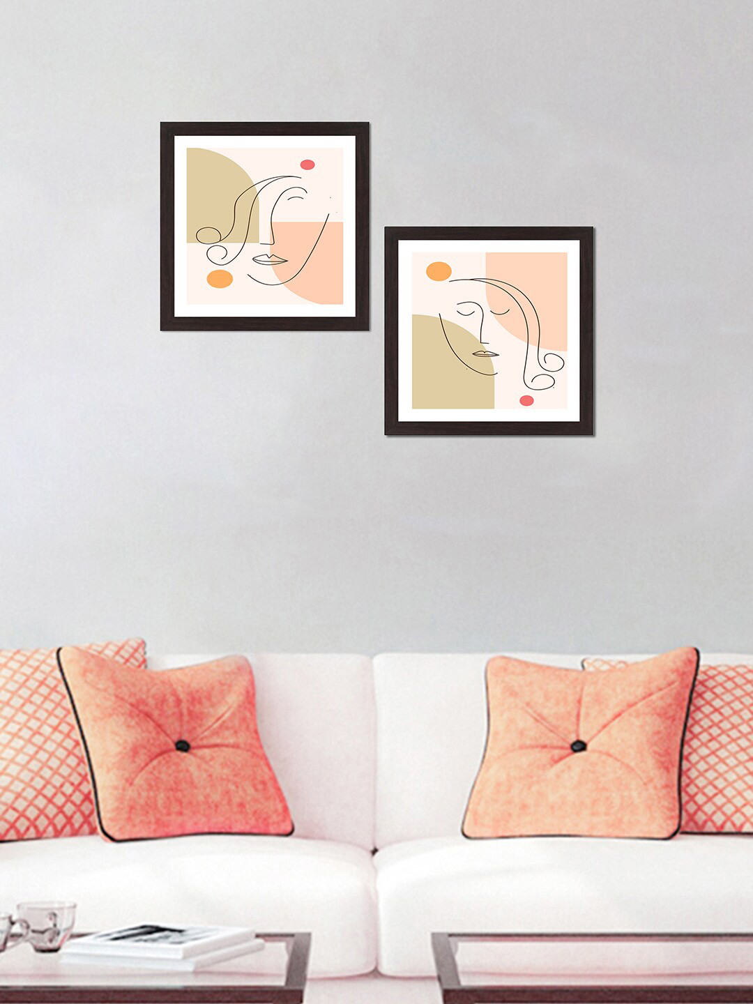 WENS Set of 2 Pink & Black Morden Women Line Art Painted Textured UV Wall Art