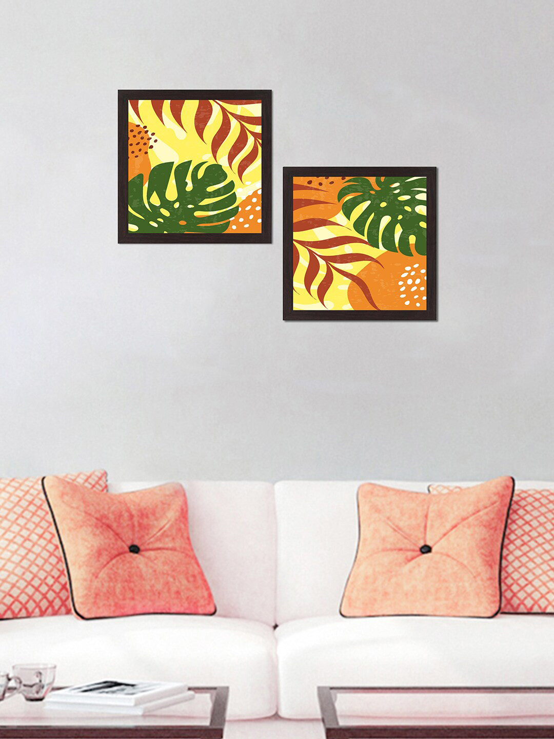 WENS Set Of 2 Yellow & Green Tropical Leaves Printed UV Textured Wall Art