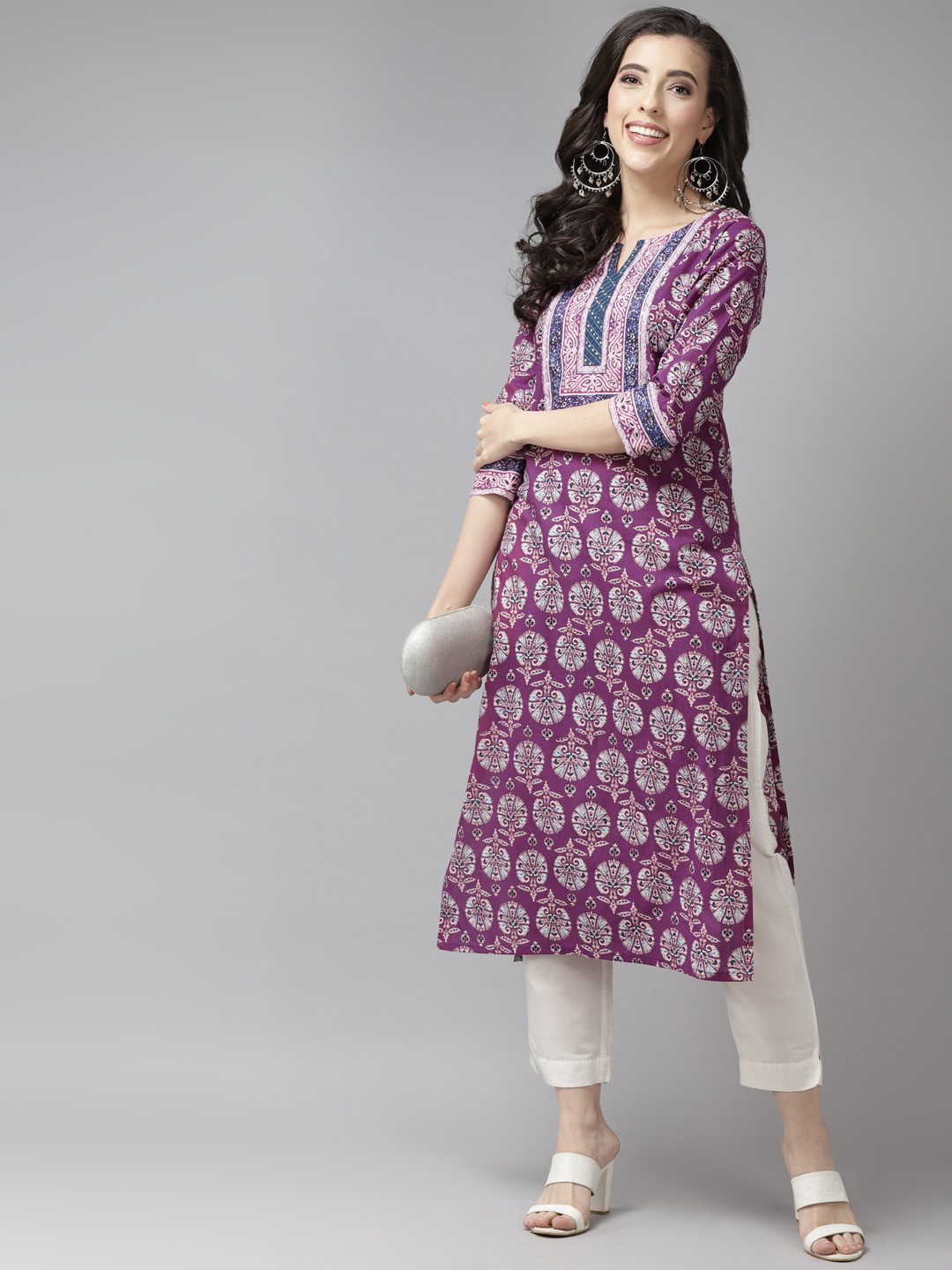 Rain & Rainbow Women Purple & White Pure Cotton Ethnic Motifs Printed Kurta