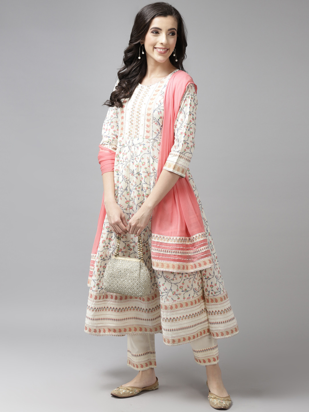 Rain & Rainbow Women Cream-Coloured Printed Pure Cotton Kurta with Trousers & Dupatta
