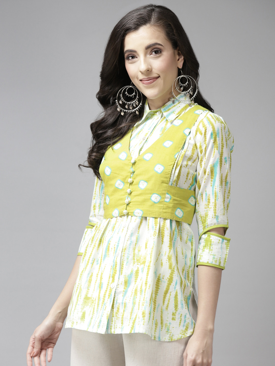 Rain & Rainbow Women White & Lime Green Pure Cotton Dyed Casual Shirt with Jacket