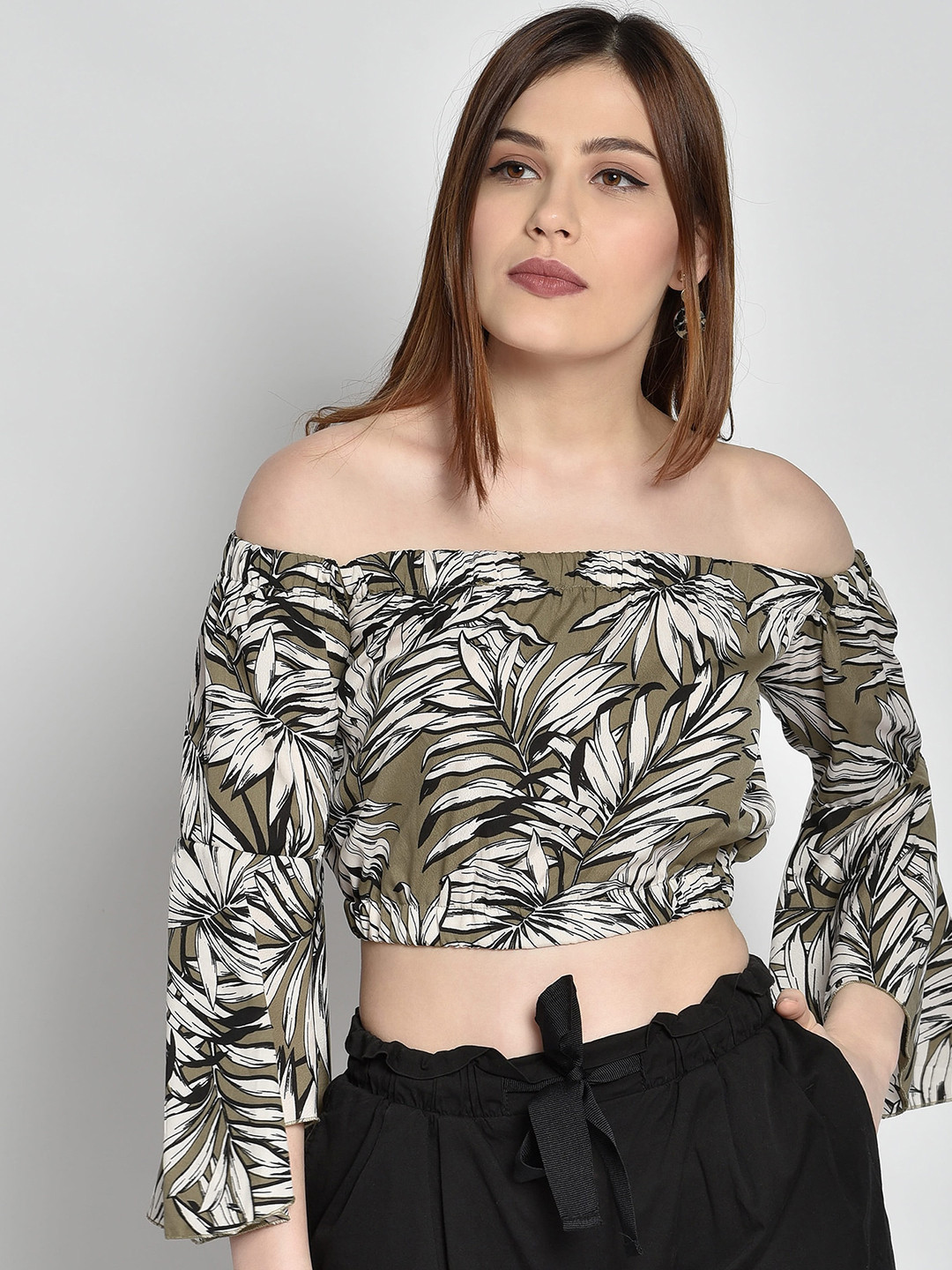 CHIMPAAANZEE Green Tropical Print Off-Shoulder Bardot Crop Top