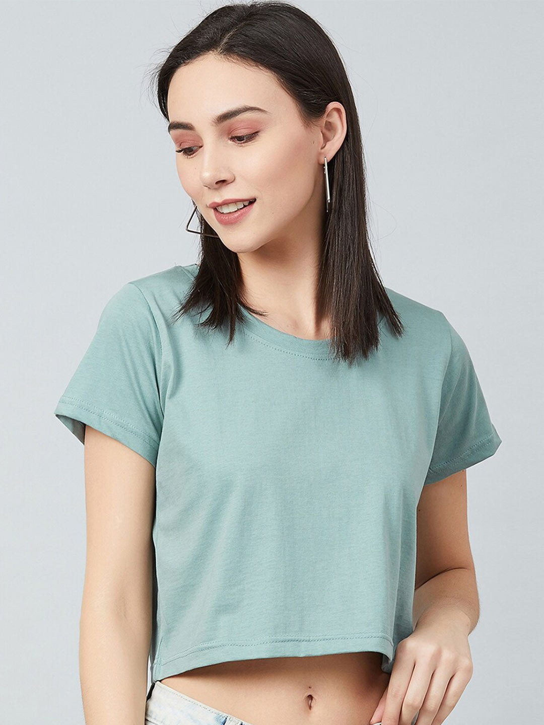 CHIMPAAANZEE Women Green Solid Crop T-shirt