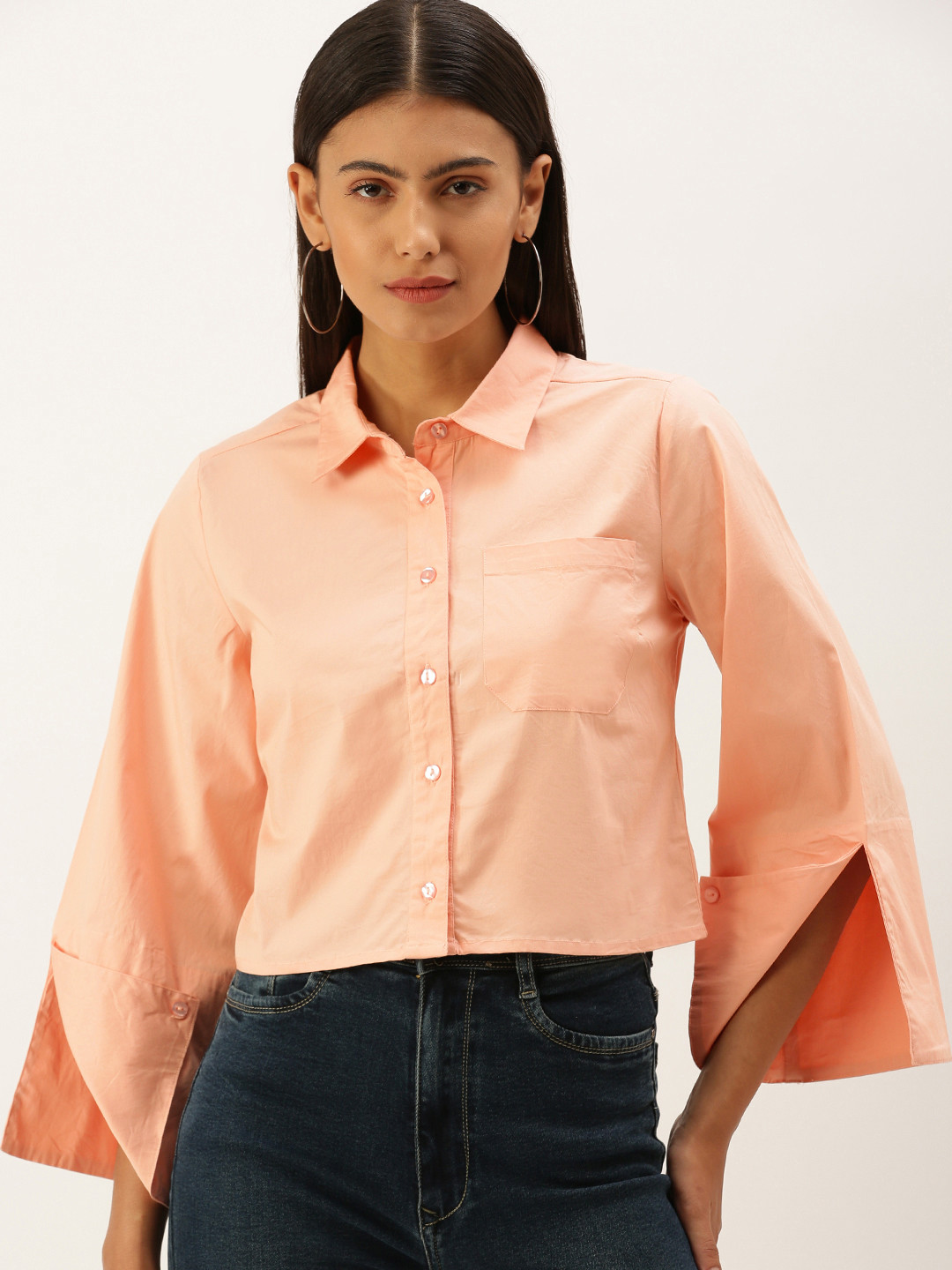 FOREVER 21 Women Pink Solid Crop Casual Shirt
