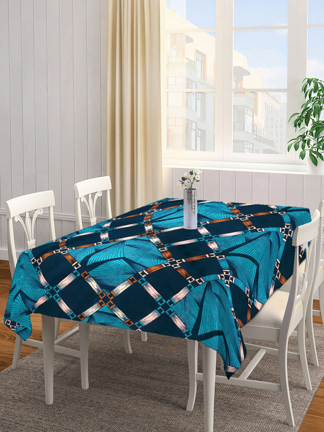 Arrabi  Blue  & White Printed  8 Seater Rectangle Table Cover