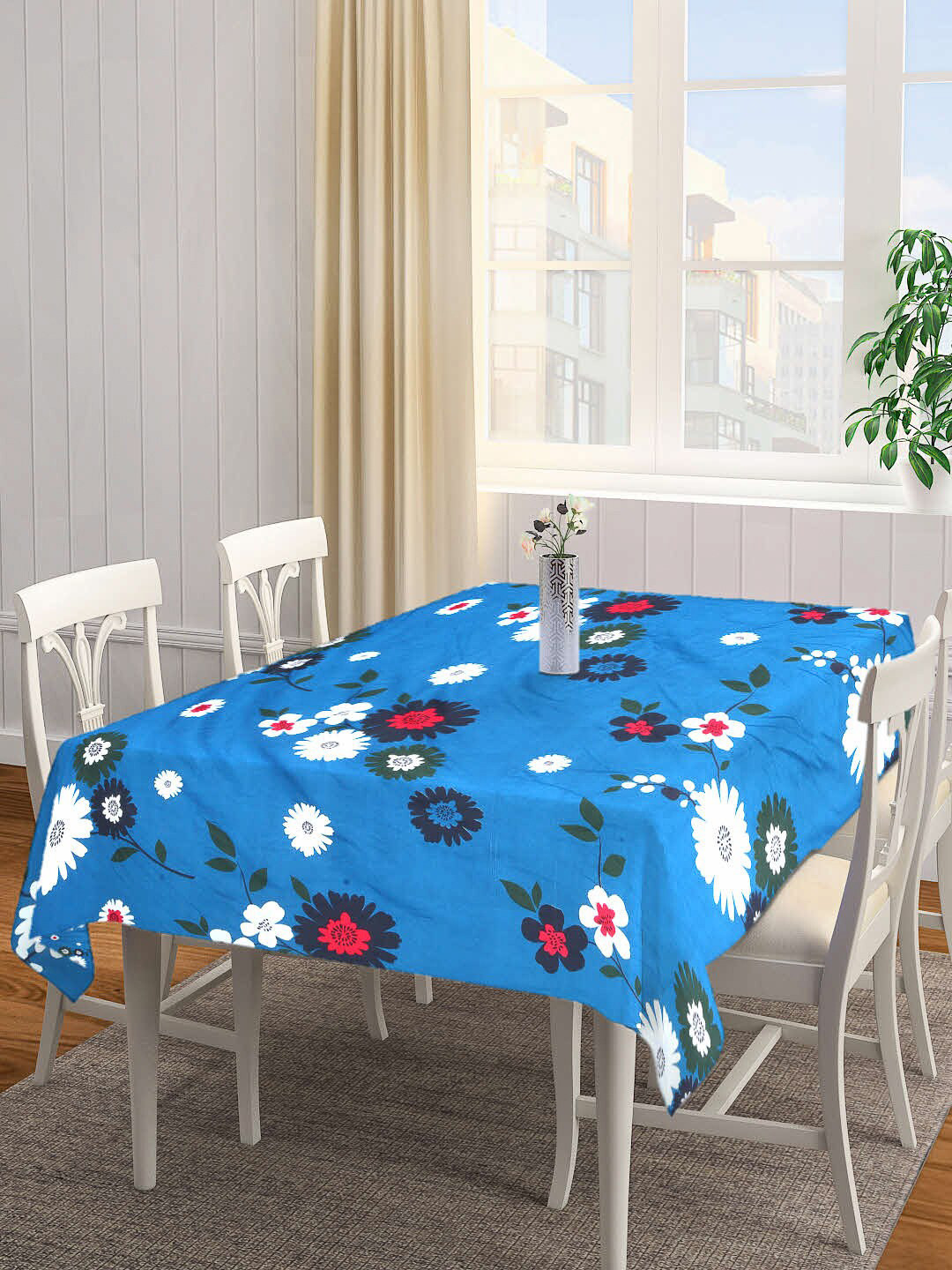 Arrabi Blue & White Floral Cotton 8-Seater Table Cover