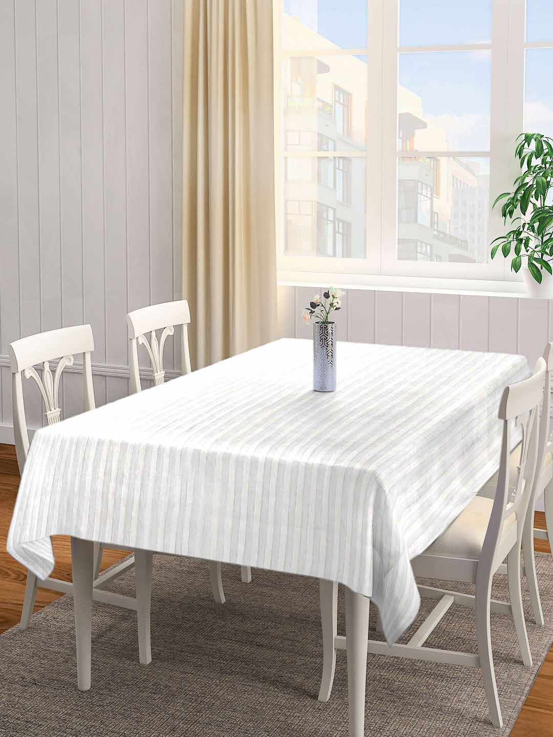 Arrabi White and Grey Striped Cotton Blend 8 Seater Table Covers \