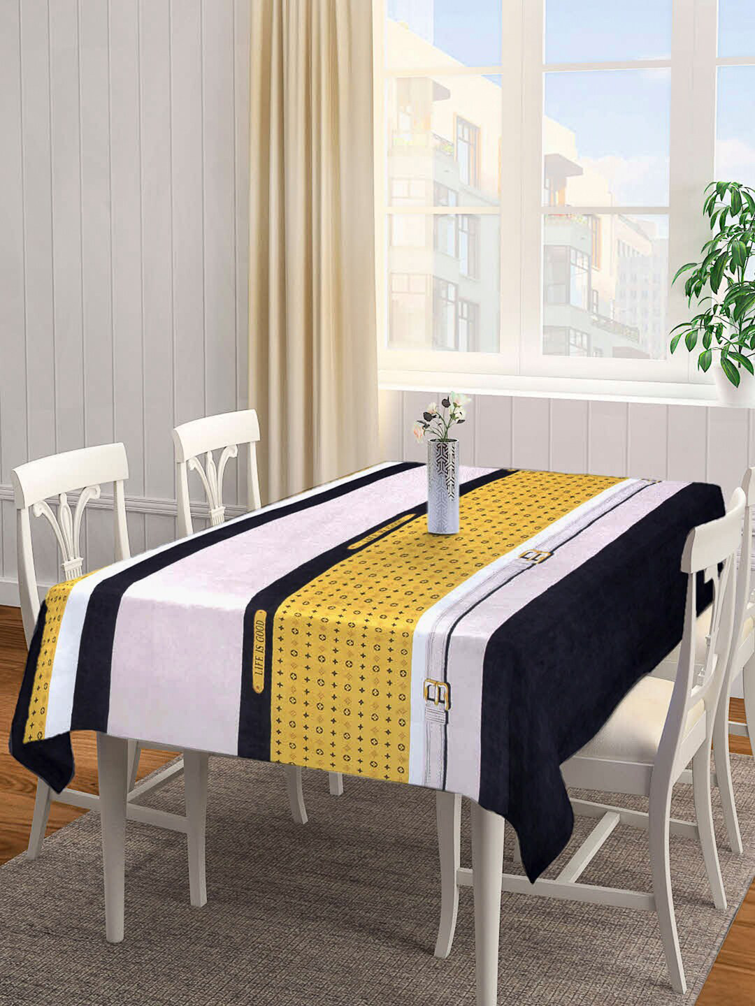 Arrabi Yellow & Black Self-Design 8-Seater Rectangle Table Cover