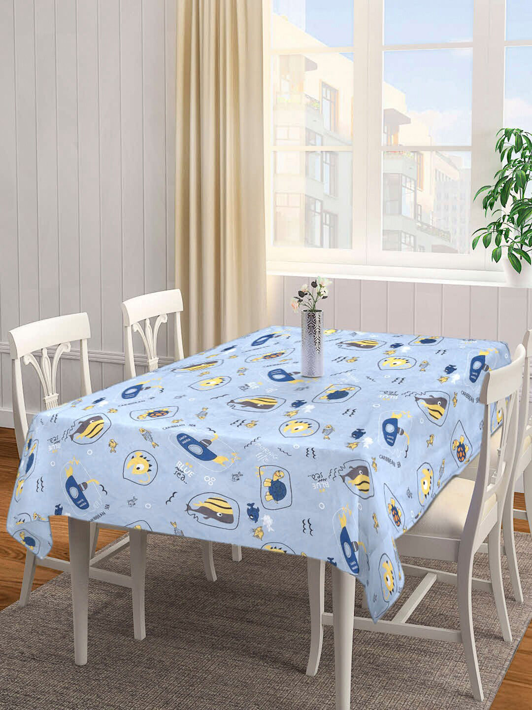 Arrabi Grey & Yellow Printed 8-Seater Rectangle Table Cover