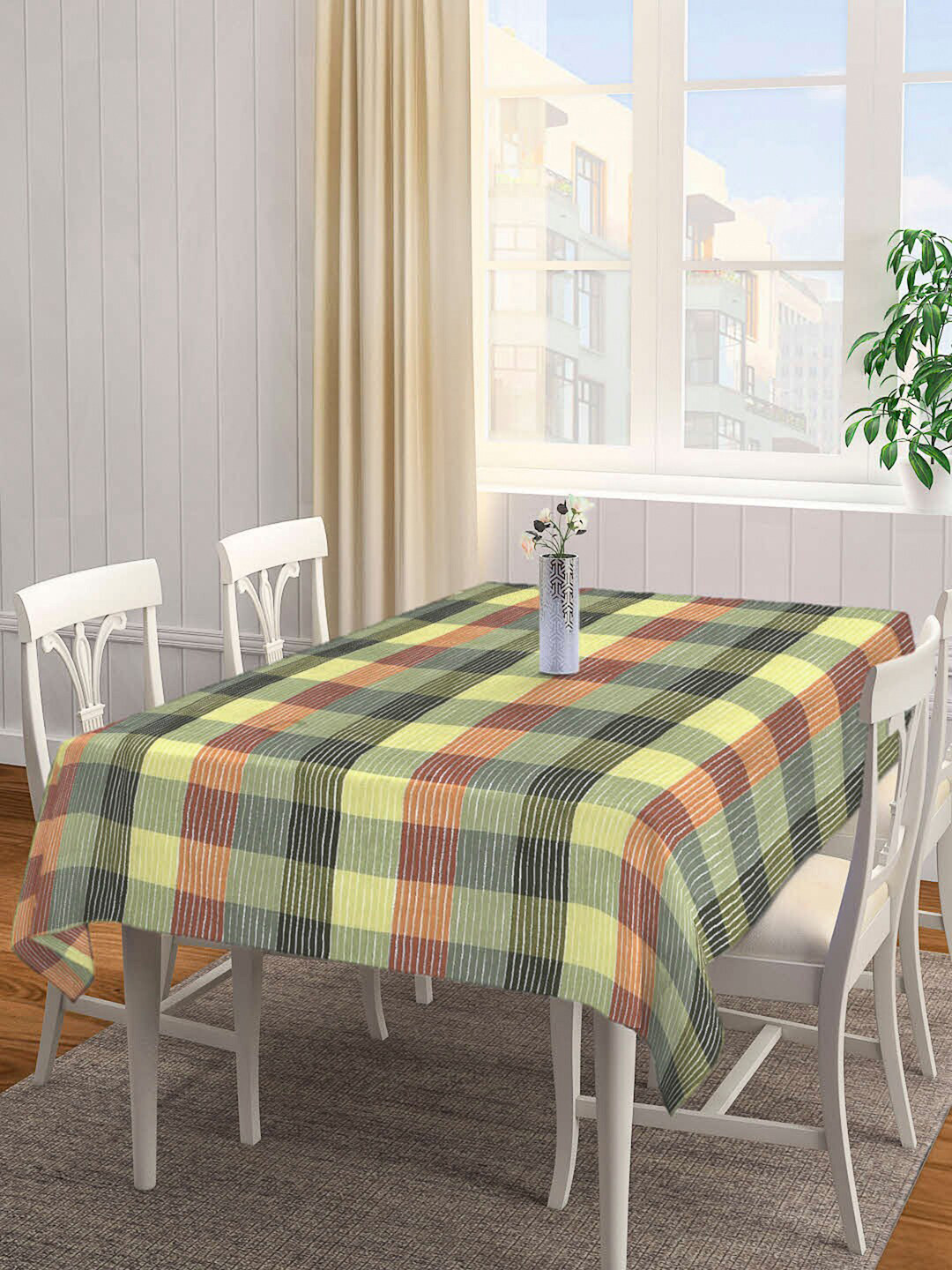 Arrabi Black Checks Printed Habdwoven Cotton 6 Seater Rectangle Table Cover