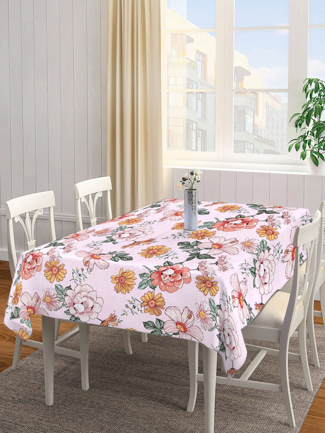 Arrabi Pink and Yellow Floral Printed Cotton 8 Seater Table Cover