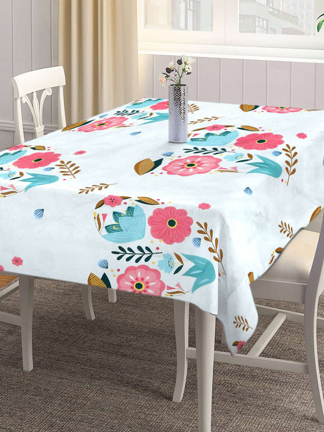 Arrabi White & Pink Floral Printed 8-Seater Rectangular Table Cover