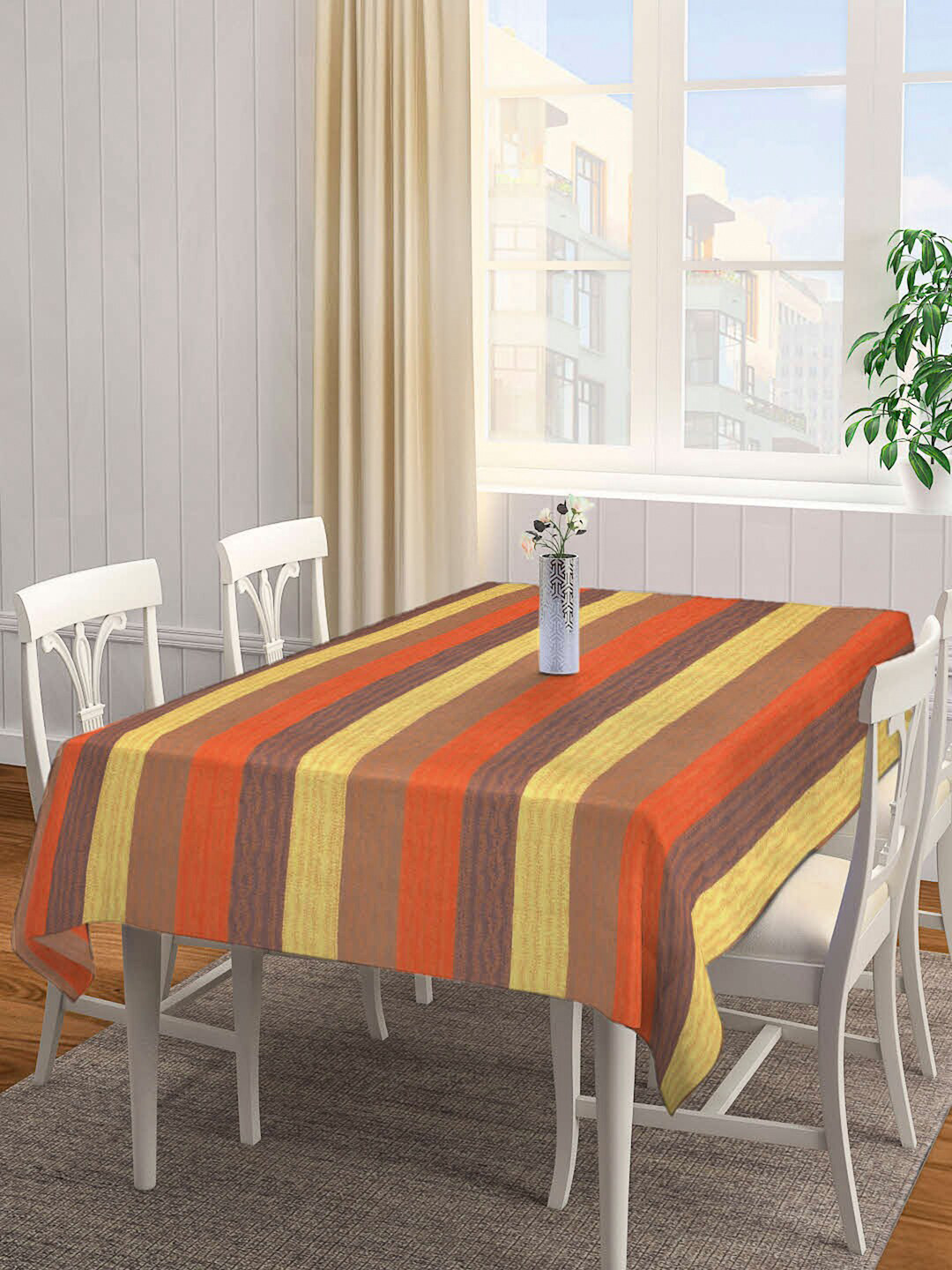 Arrabi Red & Mustard Yellow Striped Handwoven 8-Seater Rectangular Cotton Table Cover