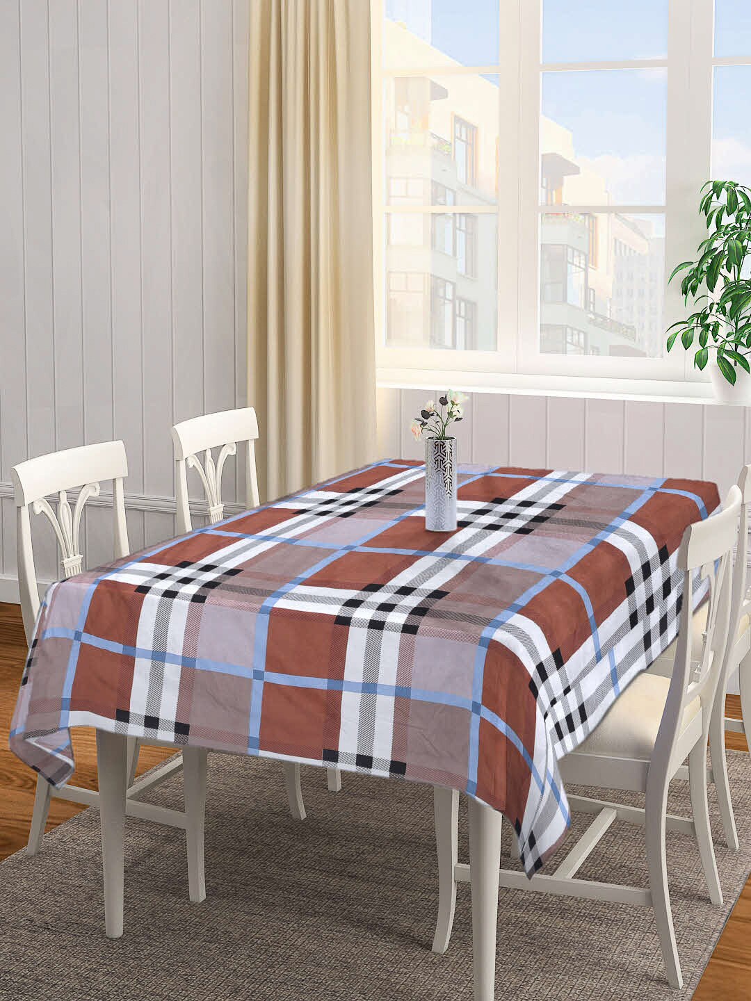 Arrabi Brown & White Checked  8-Seater Rectangular Table Covers