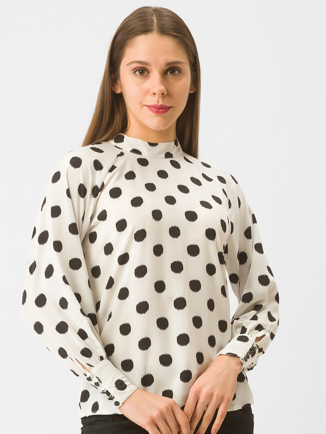 Globus White Polka Dot Print High Neck Top