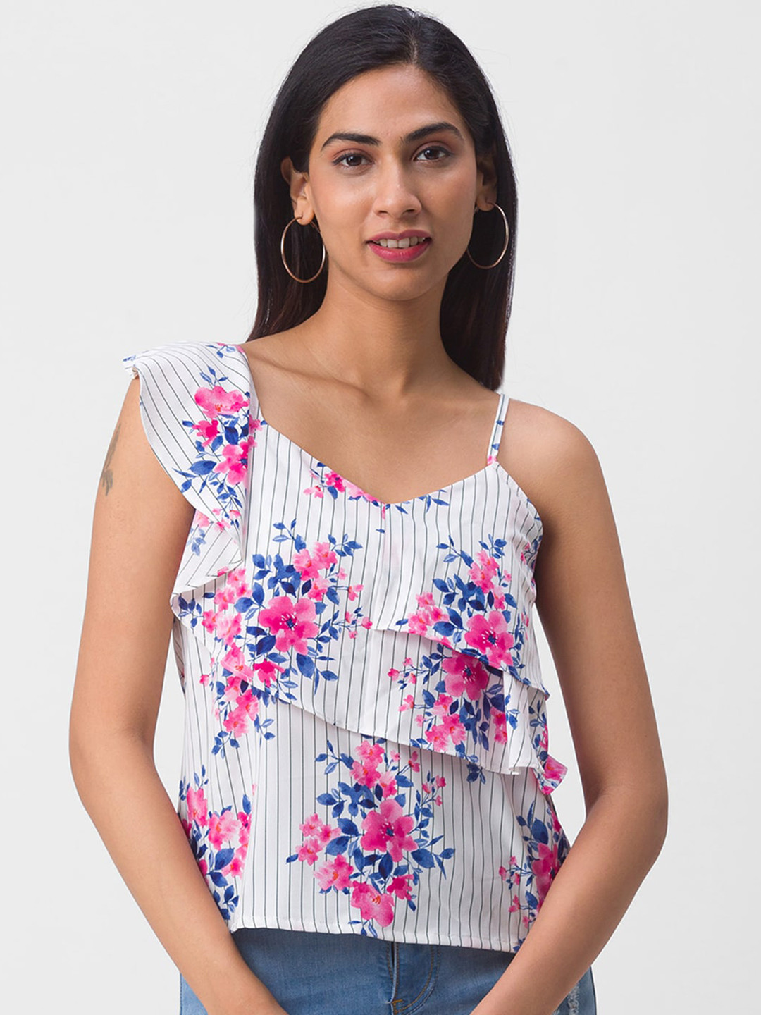 Globus White Floral Print Layered Top