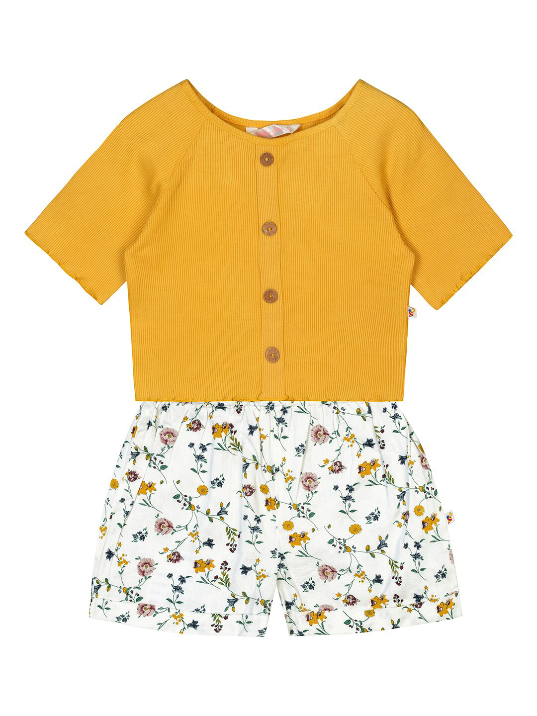 Budding Bees Girls Yellow & White Pure Cotton Top with Shorts