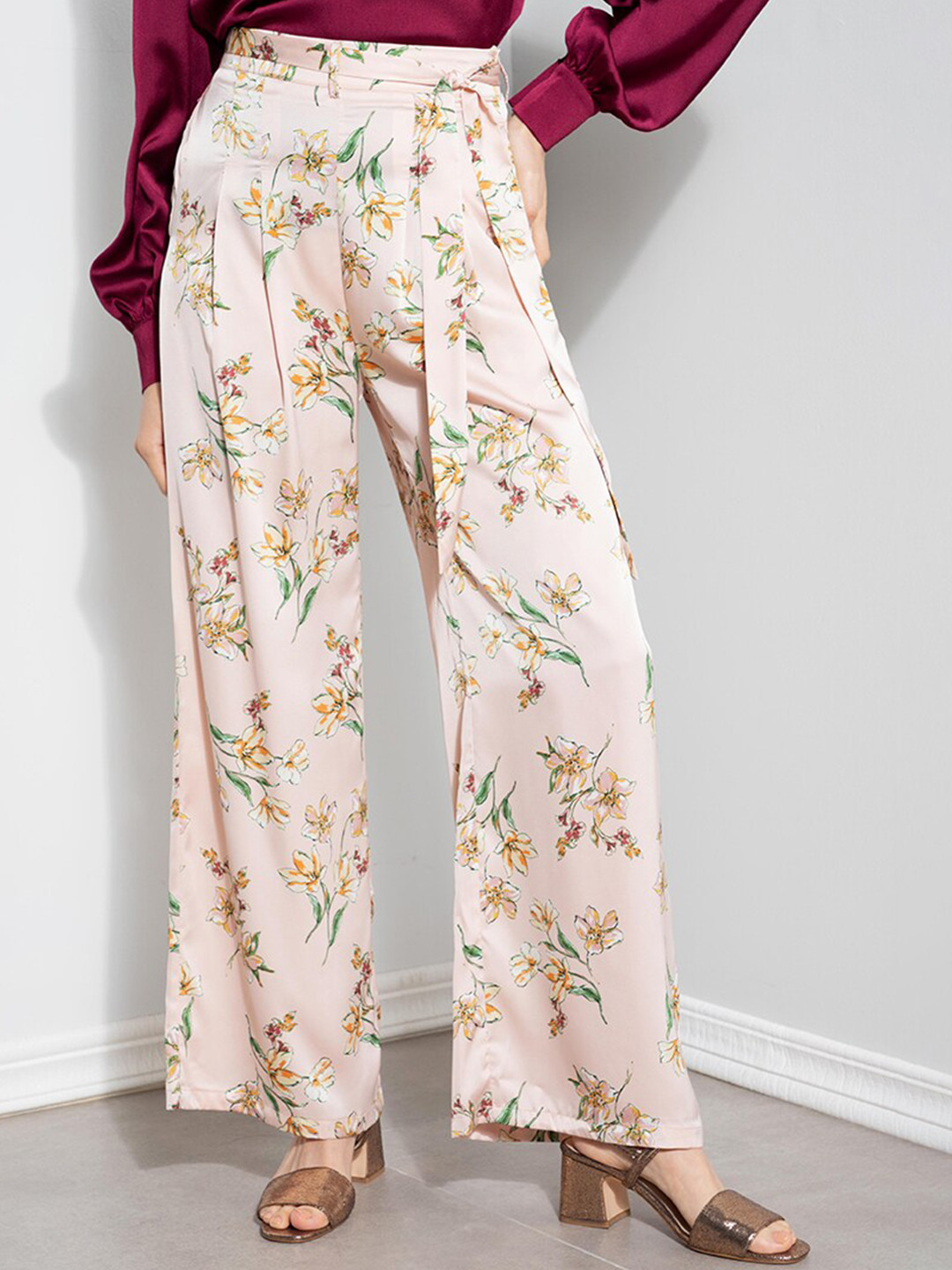 ZALORA OCCASION Women Pink Floral Printed Pleated Parallel Trousers